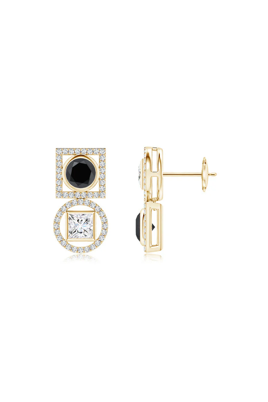 Infinity 14K Gold with Black & White Diamond Two Stone Earrings - Image 2