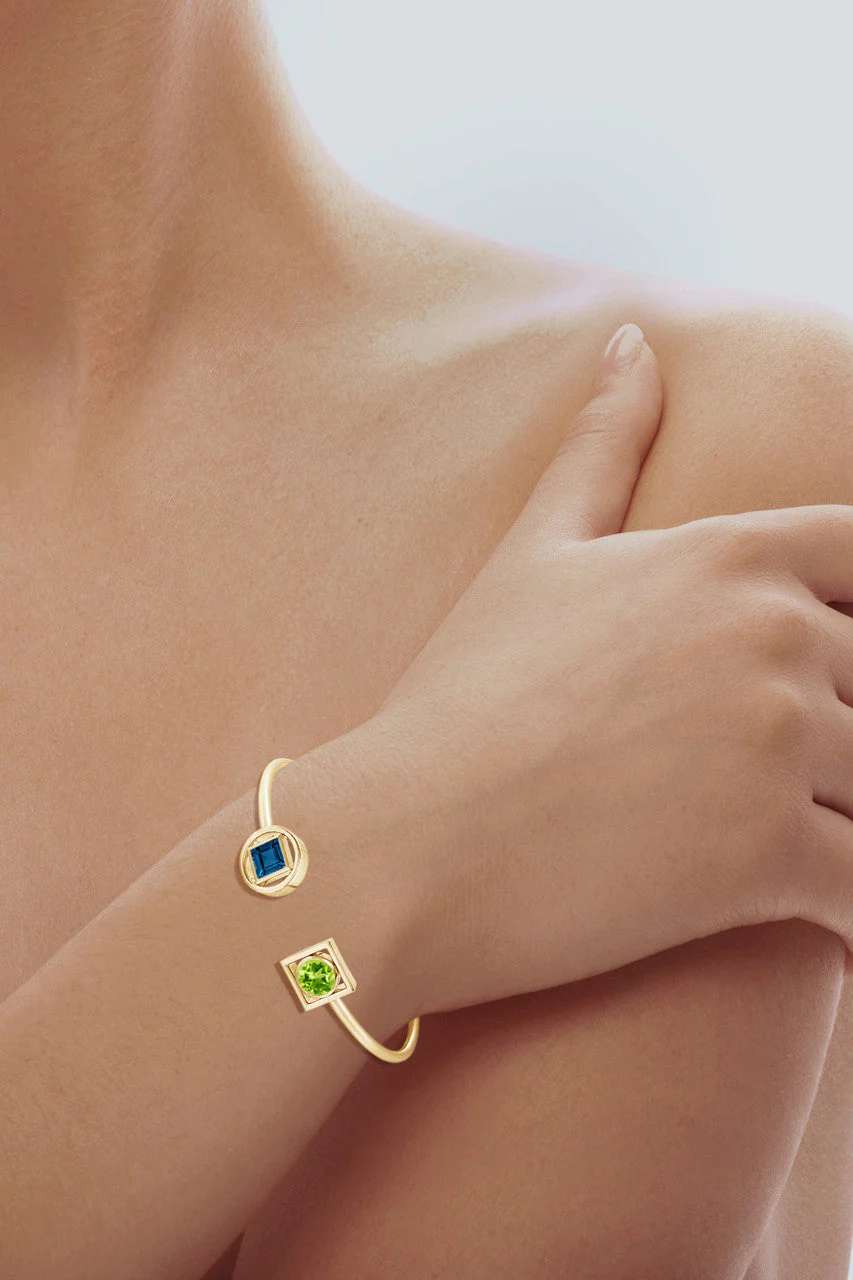 Infinity 14K Gold with Peridot & London Blue Topaz Two Stone Open Bracelet - Image 6