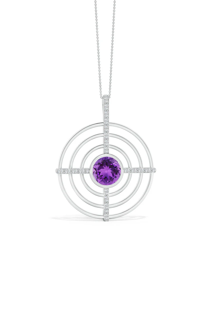 Infinity Concentric Circle 14K Gold and Amethyst Pendant Necklace - Image 3
