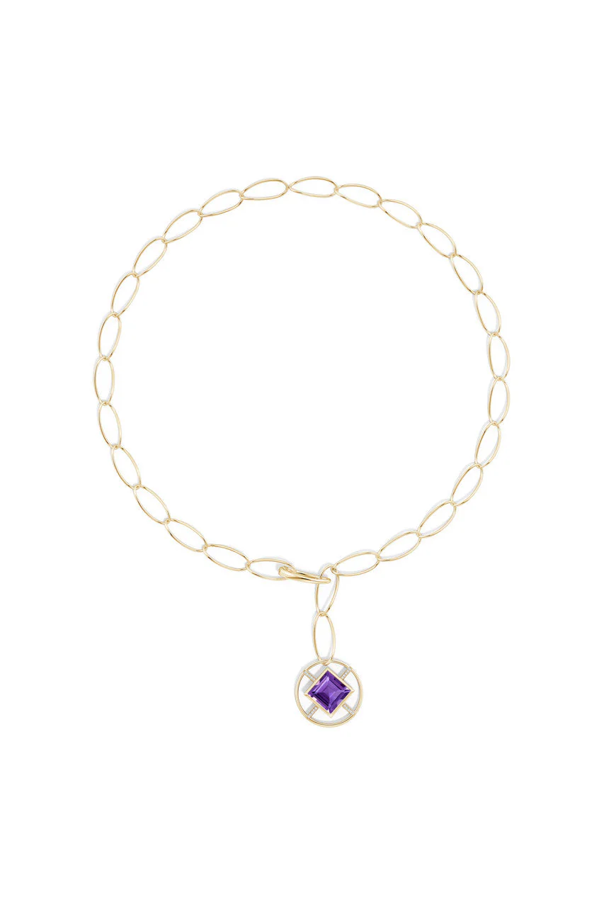 Infinity Concentric Circle 14K Gold and Amethyst Y Necklace - Image 2