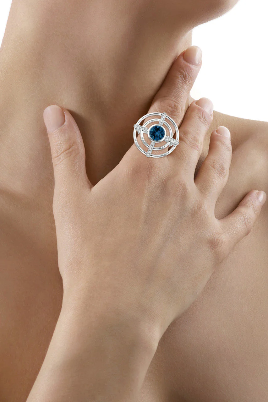 Infinity Concentric Circle 14K Gold and London Blue Topaz Ring - Image 7
