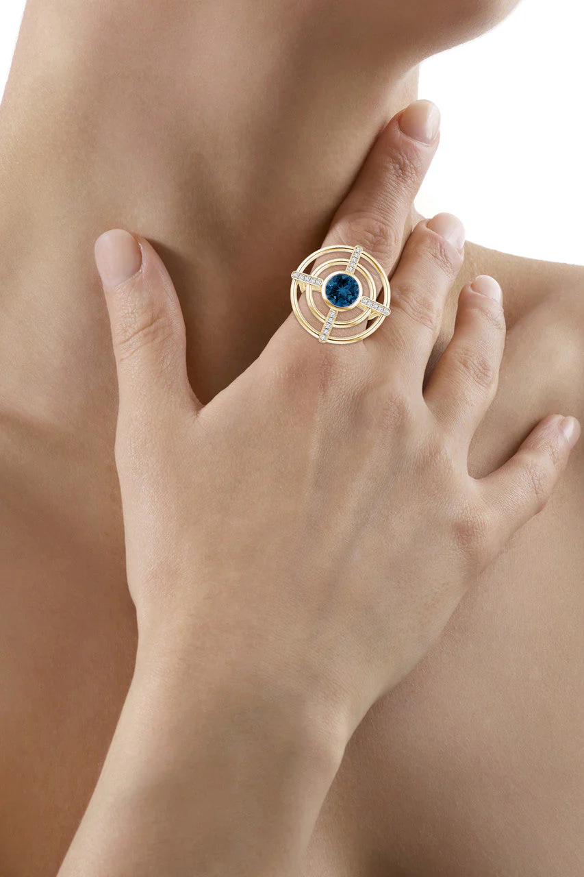 Infinity Concentric Circle 14K Gold and London Blue Topaz Ring - Image 8