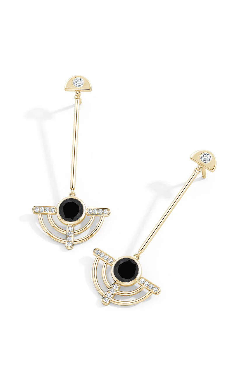 Infinity Half Concentric 14K Gold and Black Onyx Dangle Earrings - Image 2