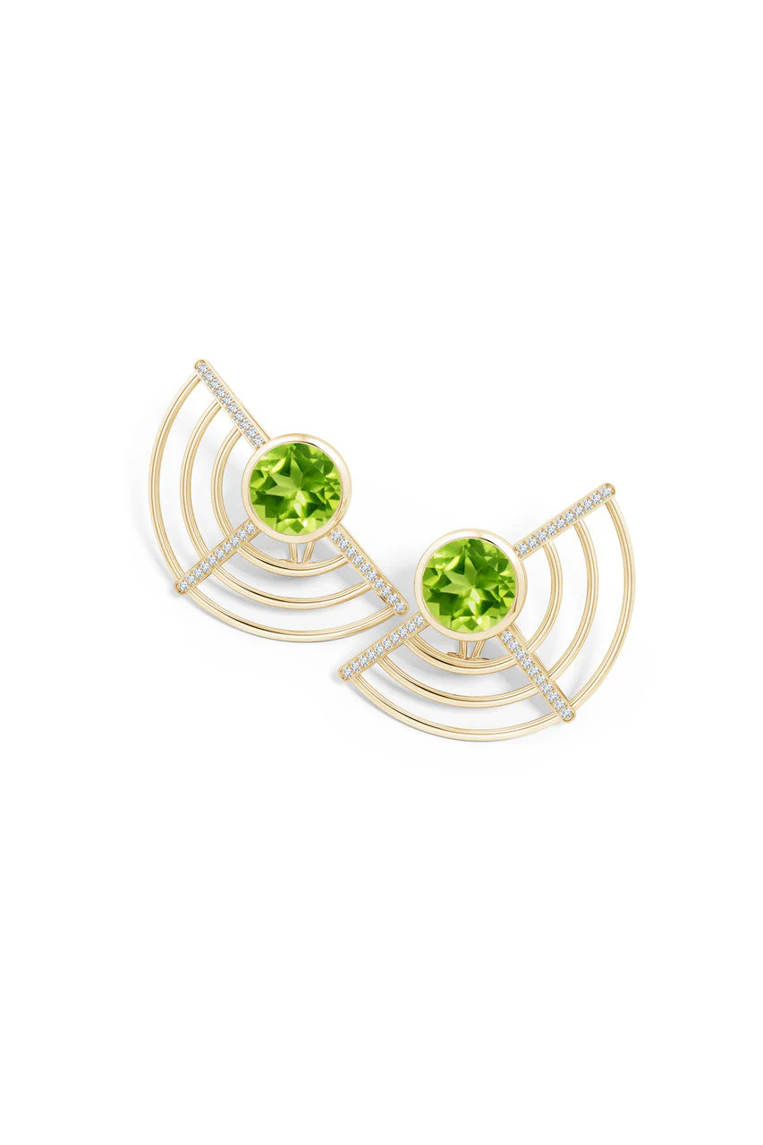 Infinity Half Concentric Circle 14K Gold and Peridot Button Studs - Image 2