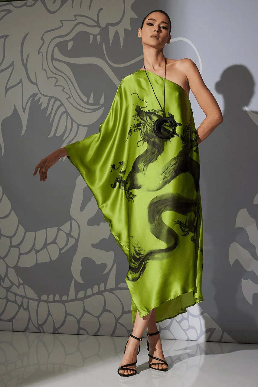 Ink Dragon One Shoulder Silk Caftan