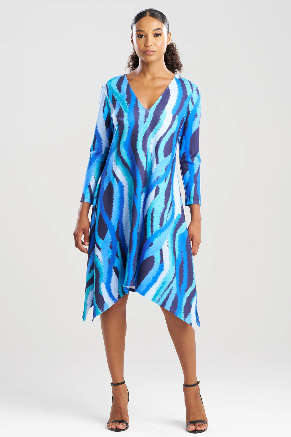 Jagged Swirl Knit Crepe Long Sleeve V-Neck Dress - Image 2