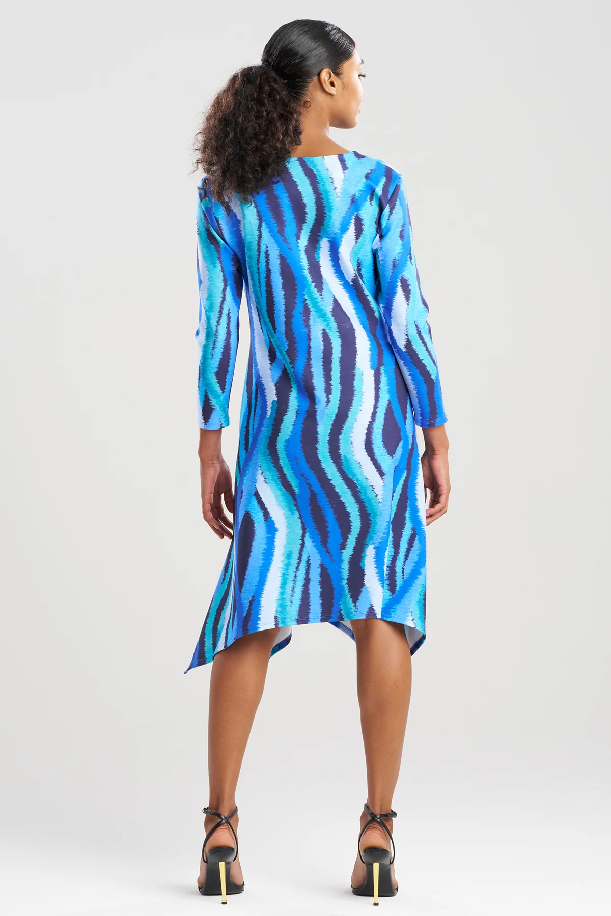 Jagged Swirl Knit Crepe Long Sleeve V-Neck Dress - Image 3