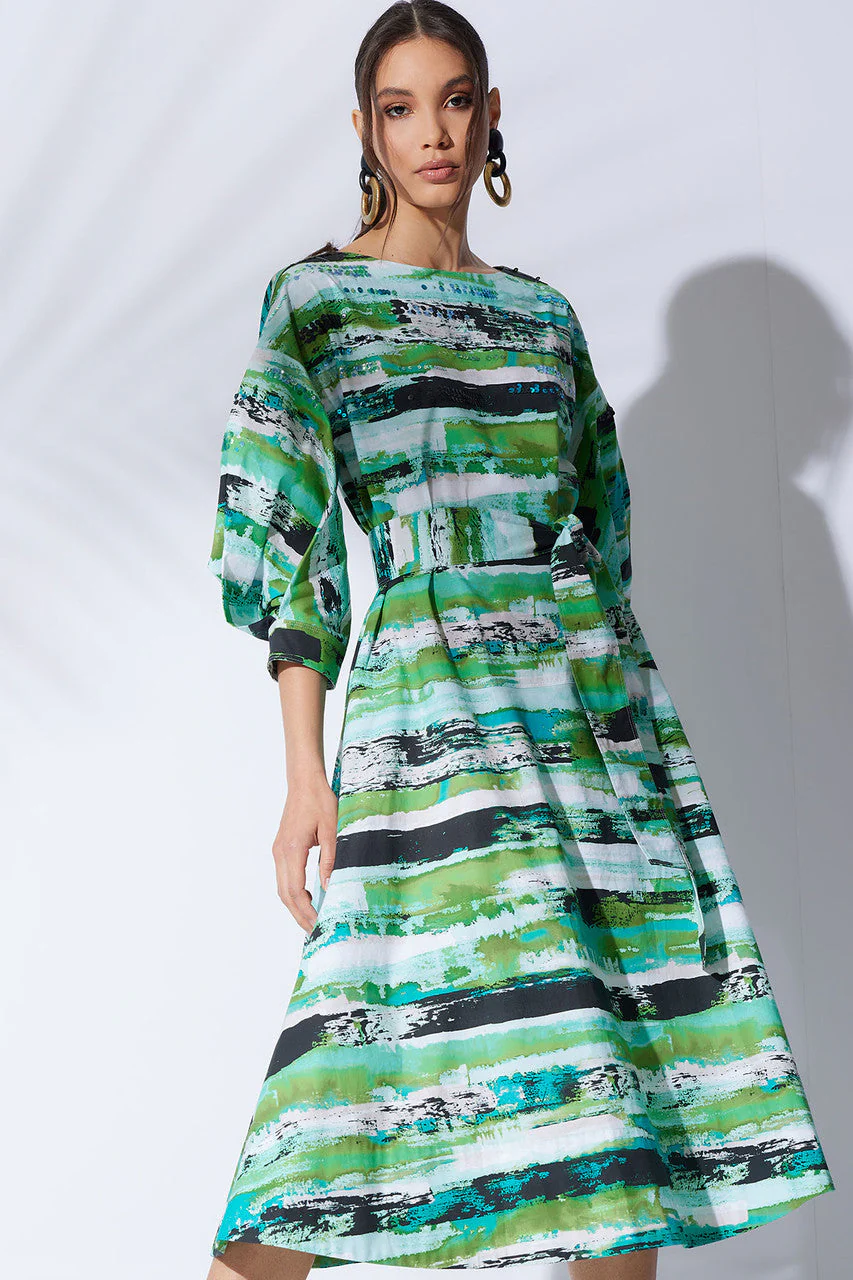Kazuki Cotton Poplin Boat Neck Embroidered Belted Midi Dress - Image 2