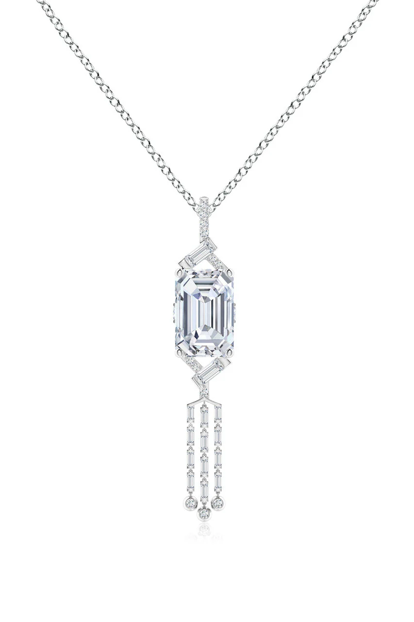 Orient Express Lab-Grown 14K Gold Emerald Cut & Baguette Diamond Tassel Drop Pendant Necklace - Image 2