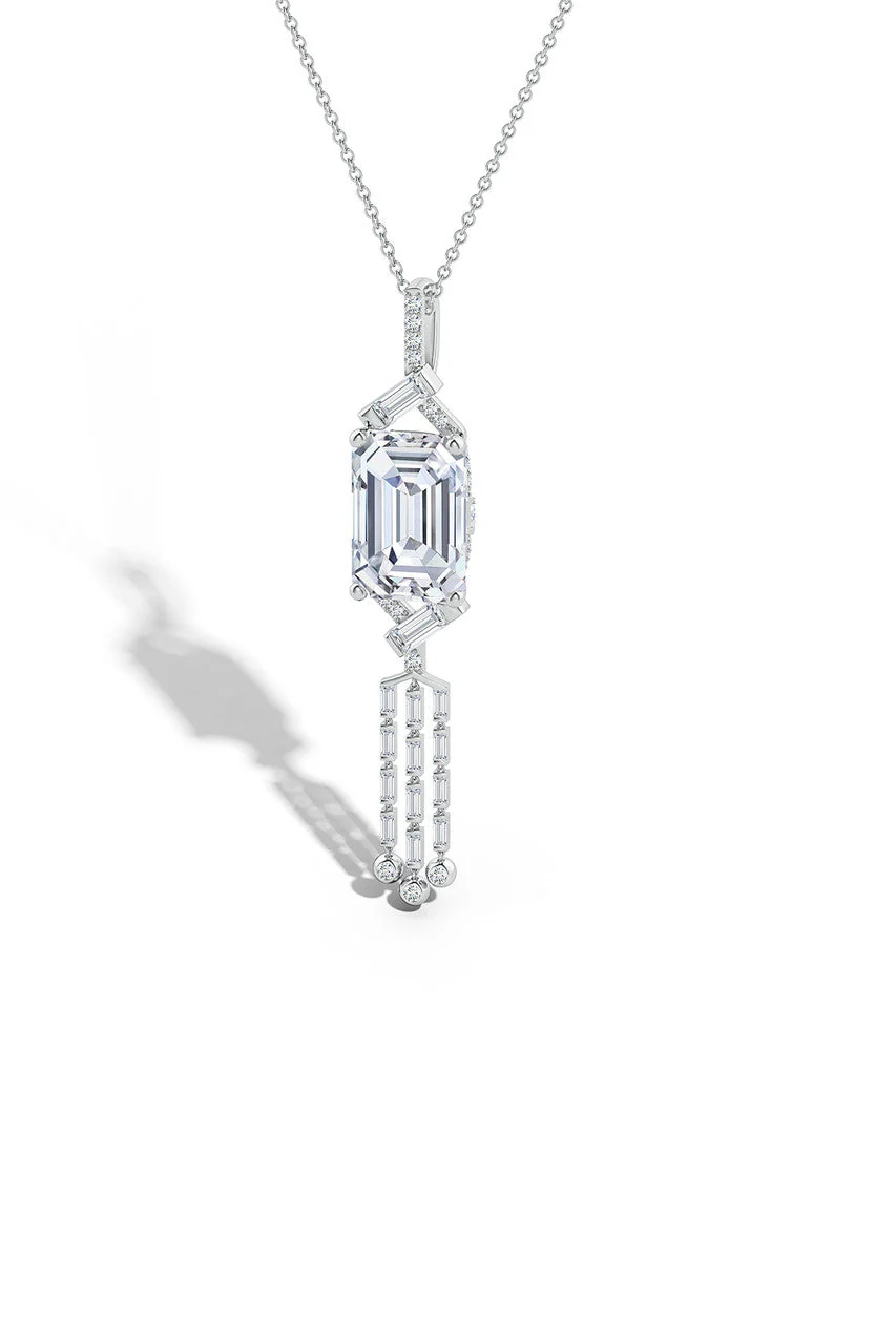 Orient Express Lab-Grown 14K Gold Emerald Cut & Baguette Diamond Tassel Drop Pendant Necklace - Image 4