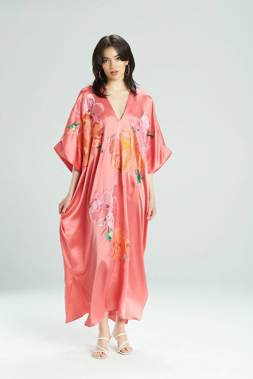 Peony Blossoms Embroidered Silk Caftan