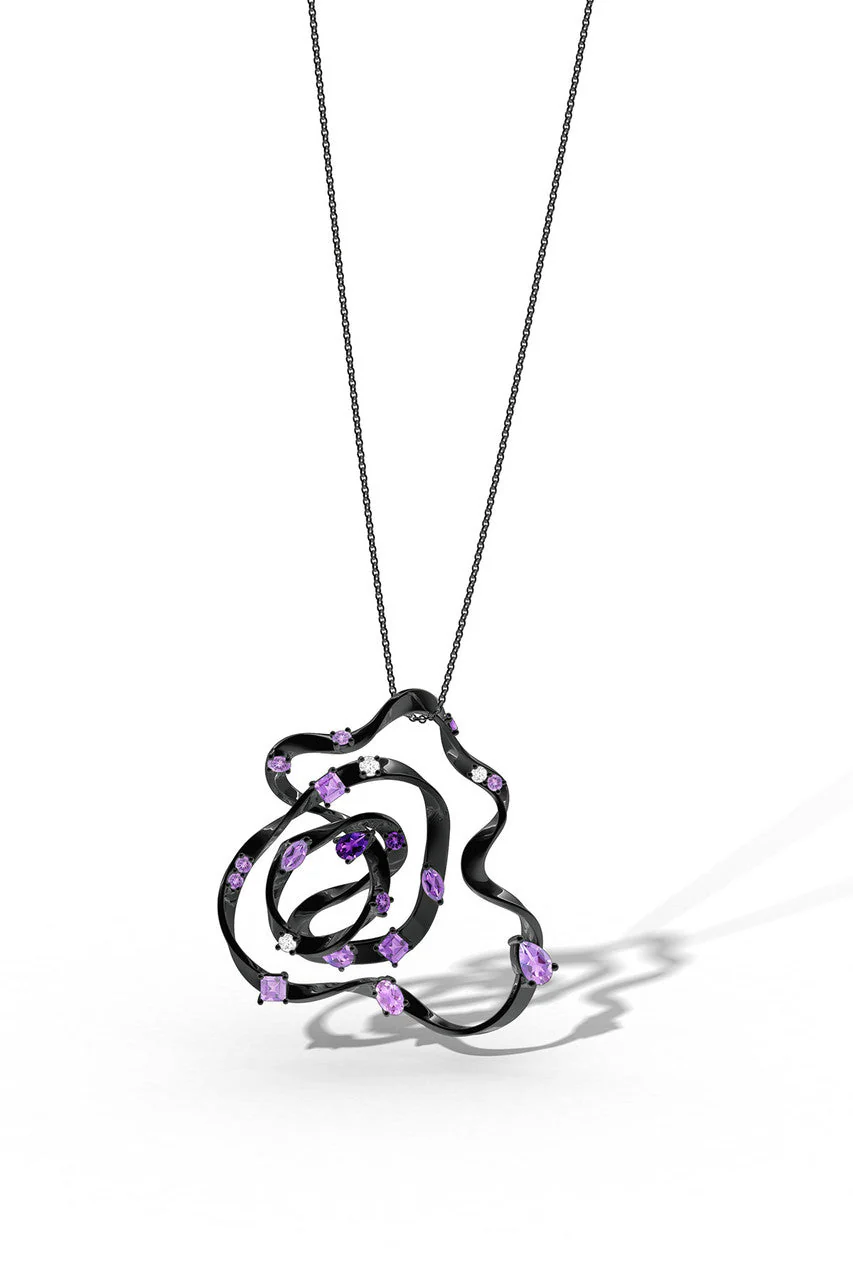 Sakura Midnight Silver Amethyst Ombre Large Pendant Necklace - Image 2