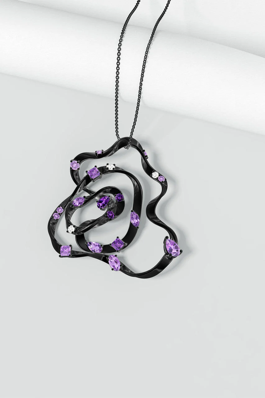 Sakura Midnight Silver Amethyst Ombre Large Pendant Necklace - Image 7