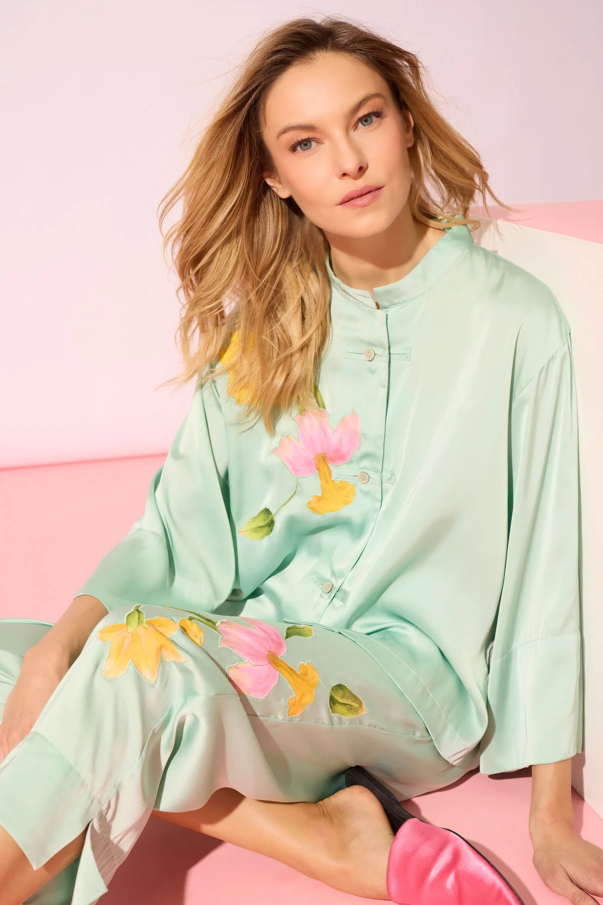 Satin Essentials Embroidered Mandarin PJ Set