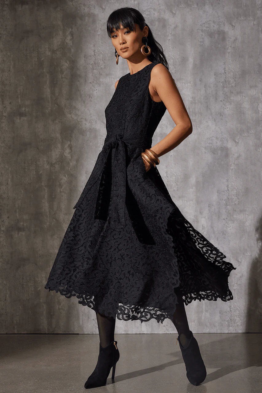 Scroll Lace Asymmetric Belted Dress - Image 4