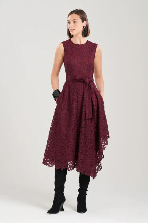 Scroll Lace Asymmetric Belted Dress