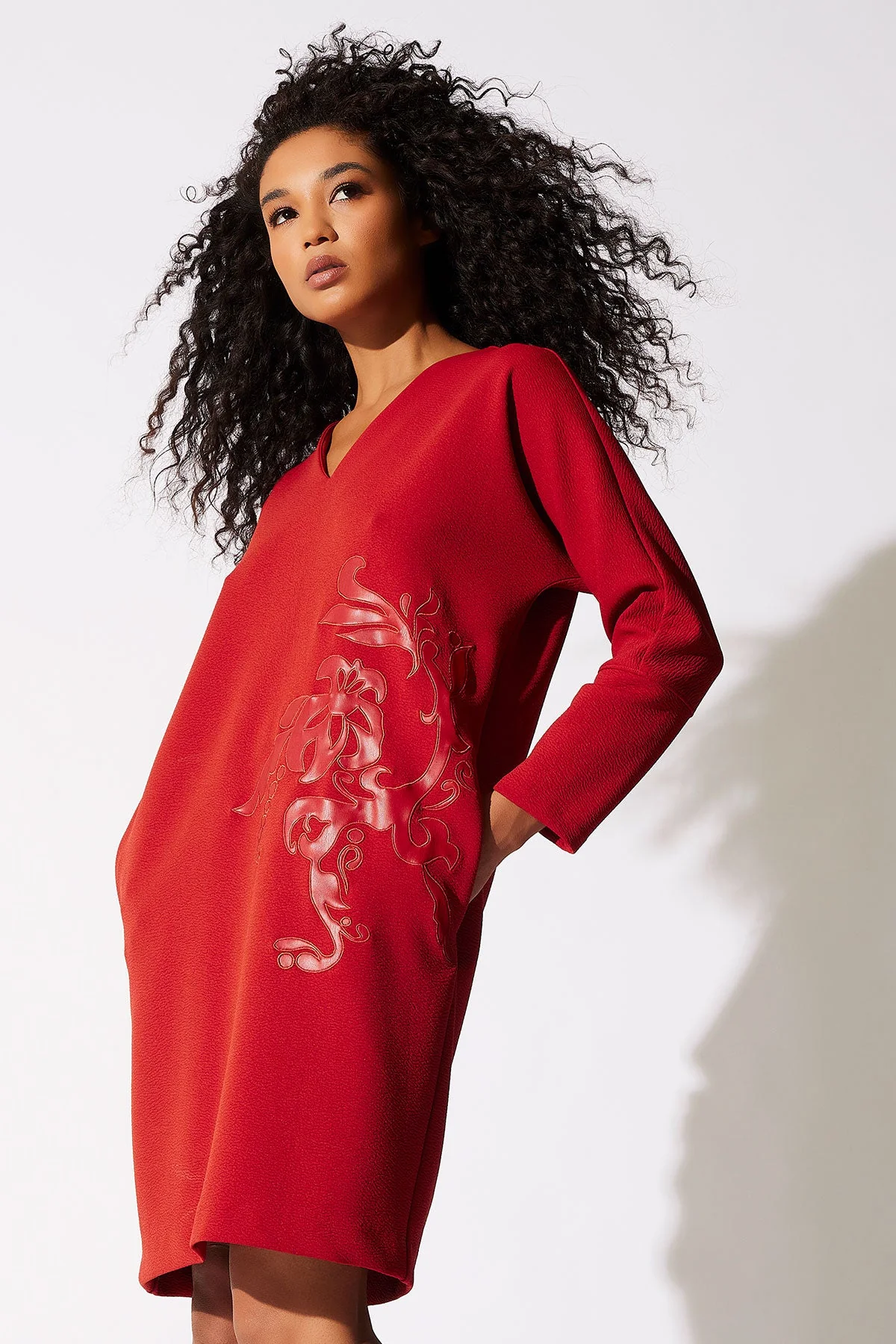 Scuba Crepe Embroidered Wedge V-Neck Dress