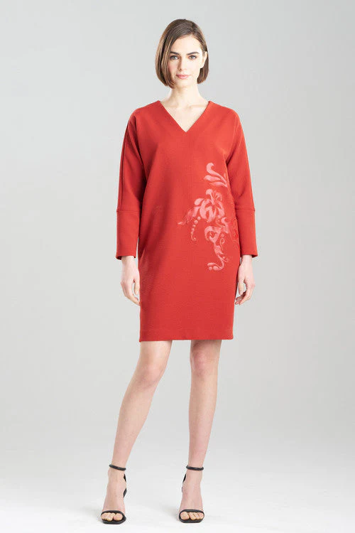Scuba Crepe Embroidered Wedge V-Neck Dress - Image 2