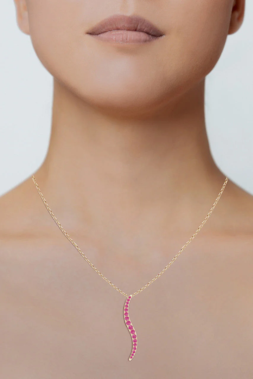 Shangri-La Brushstroke 14K Gold and Pink Sapphire Large Pendant Necklace - Image 5