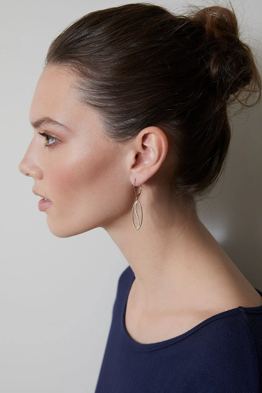 Shangri-La Elliptical Yin-Yang 14K Gold and Diamond Medium Leverback Earrings