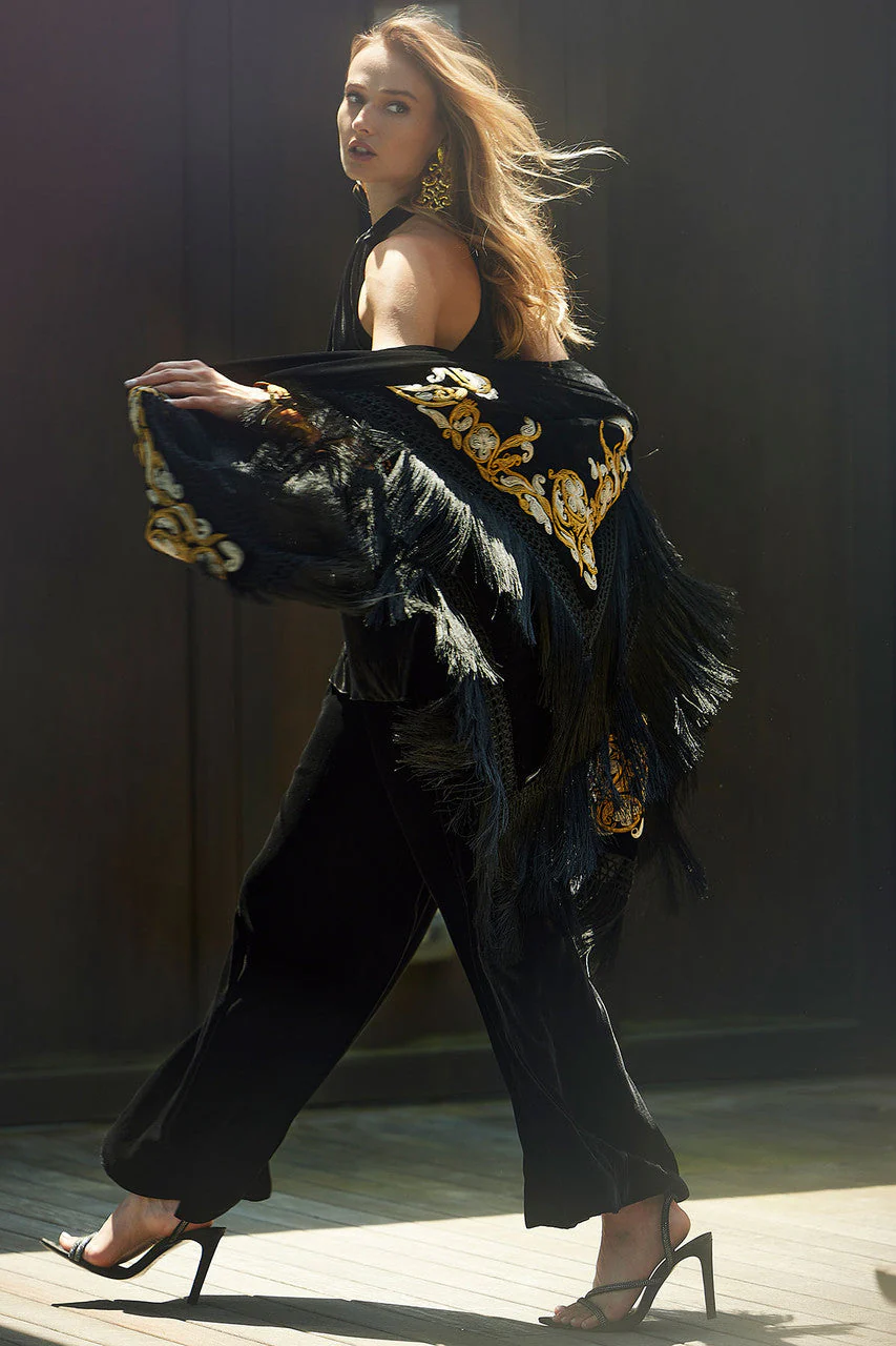 Silk Dupioni Embroidered Silk Fringe Shawl - Image 3