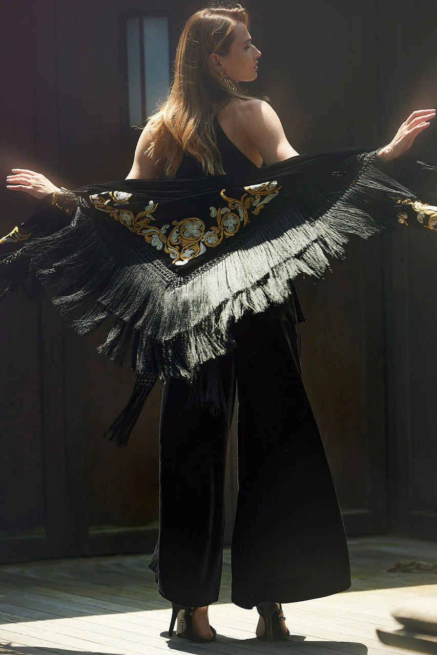 Silk Dupioni Embroidered Silk Fringe Shawl - Image 4