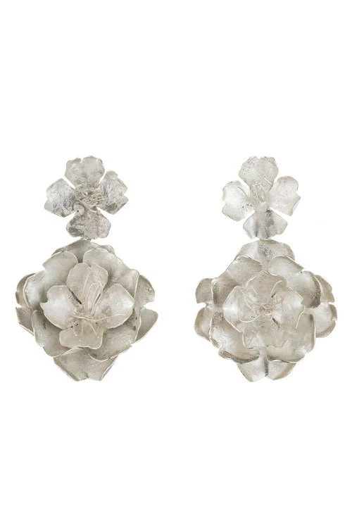 Silver Plated Brass Peony Clip Earrings