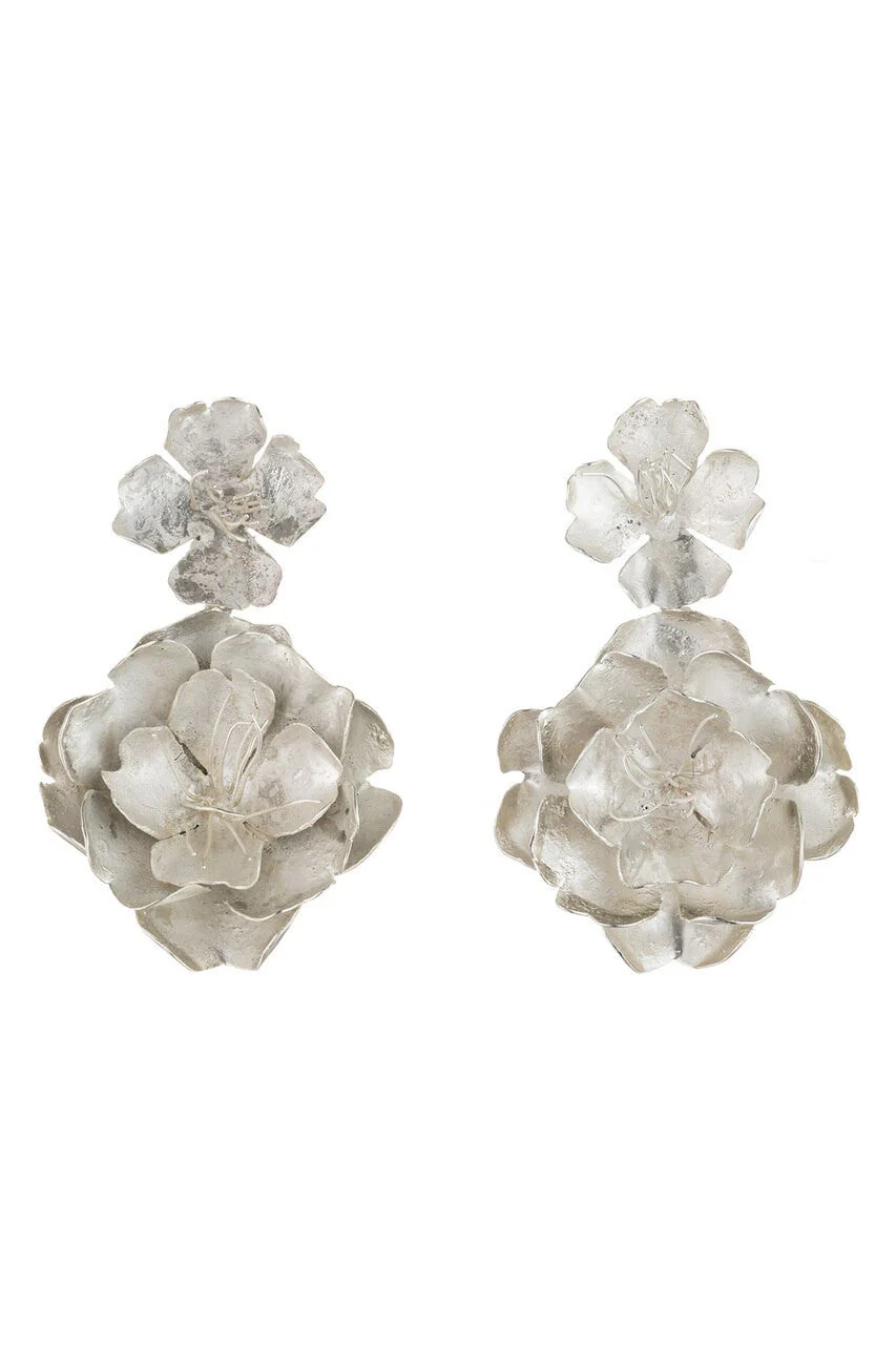 Silver Plated Brass Peony Clip Earrings - Image 2