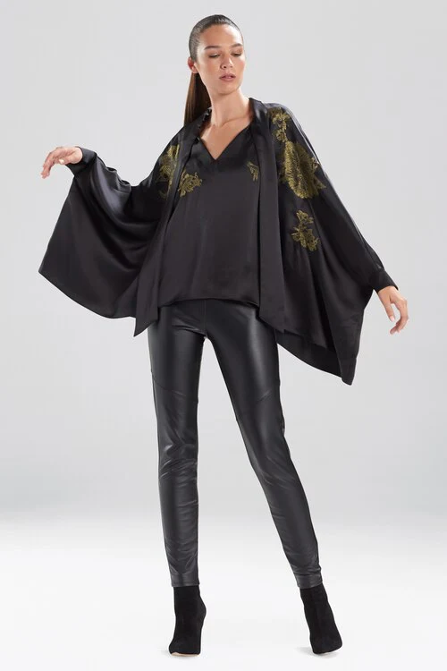 Solid Charmeuse Tie Neck Embroidered Caftan Top - Image 4