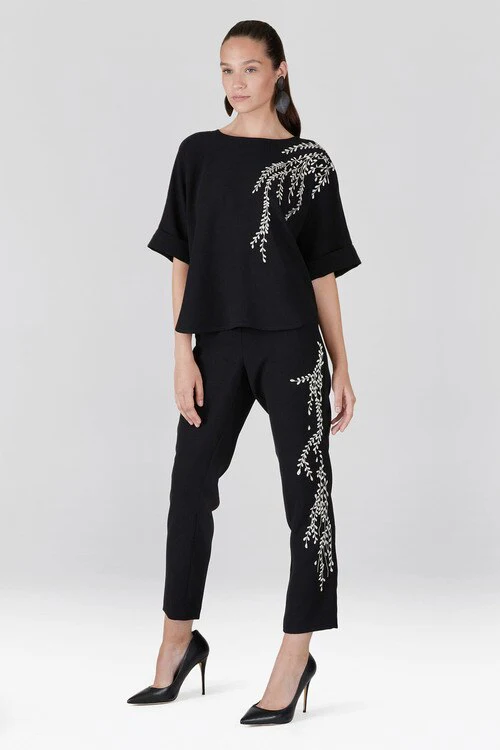 Solid Crepe Embroidered Ankle Pants - Image 8