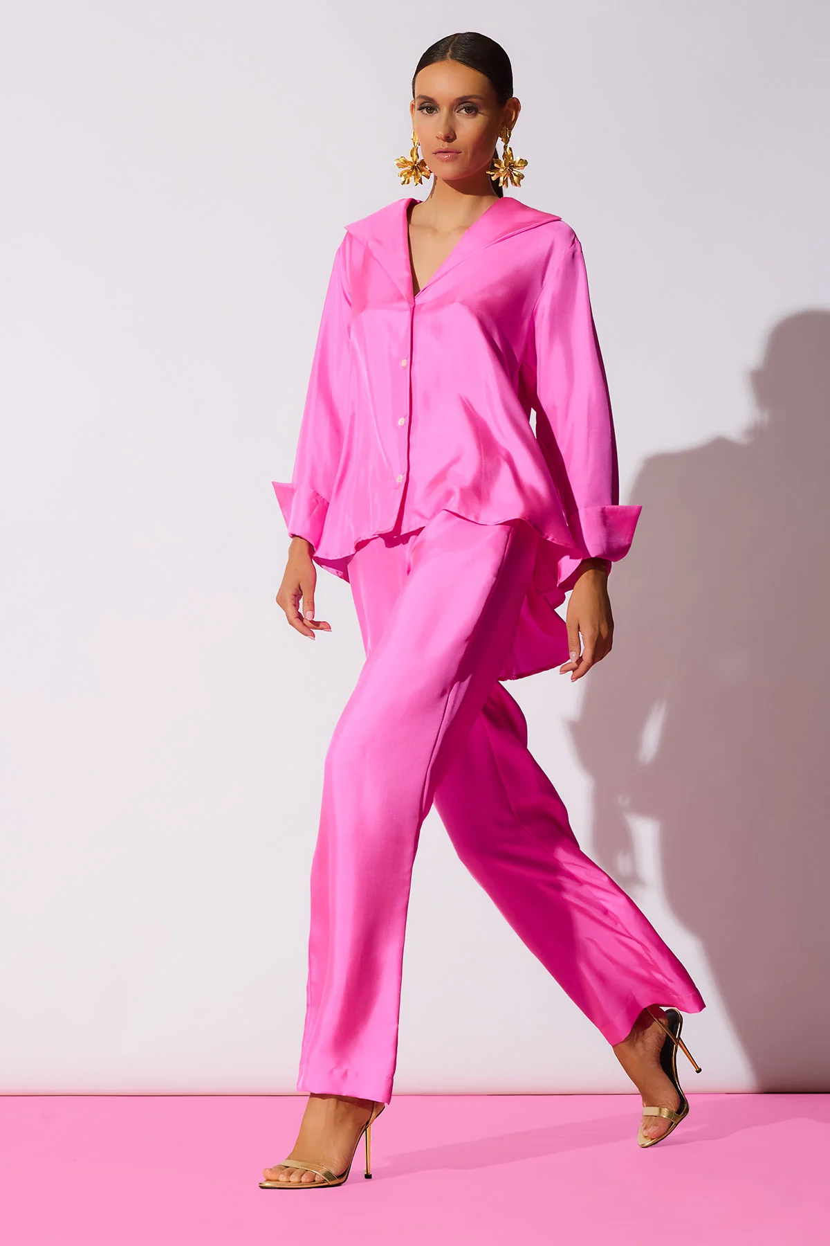 Solid Silk Twill Button Down Trapeze Shirt