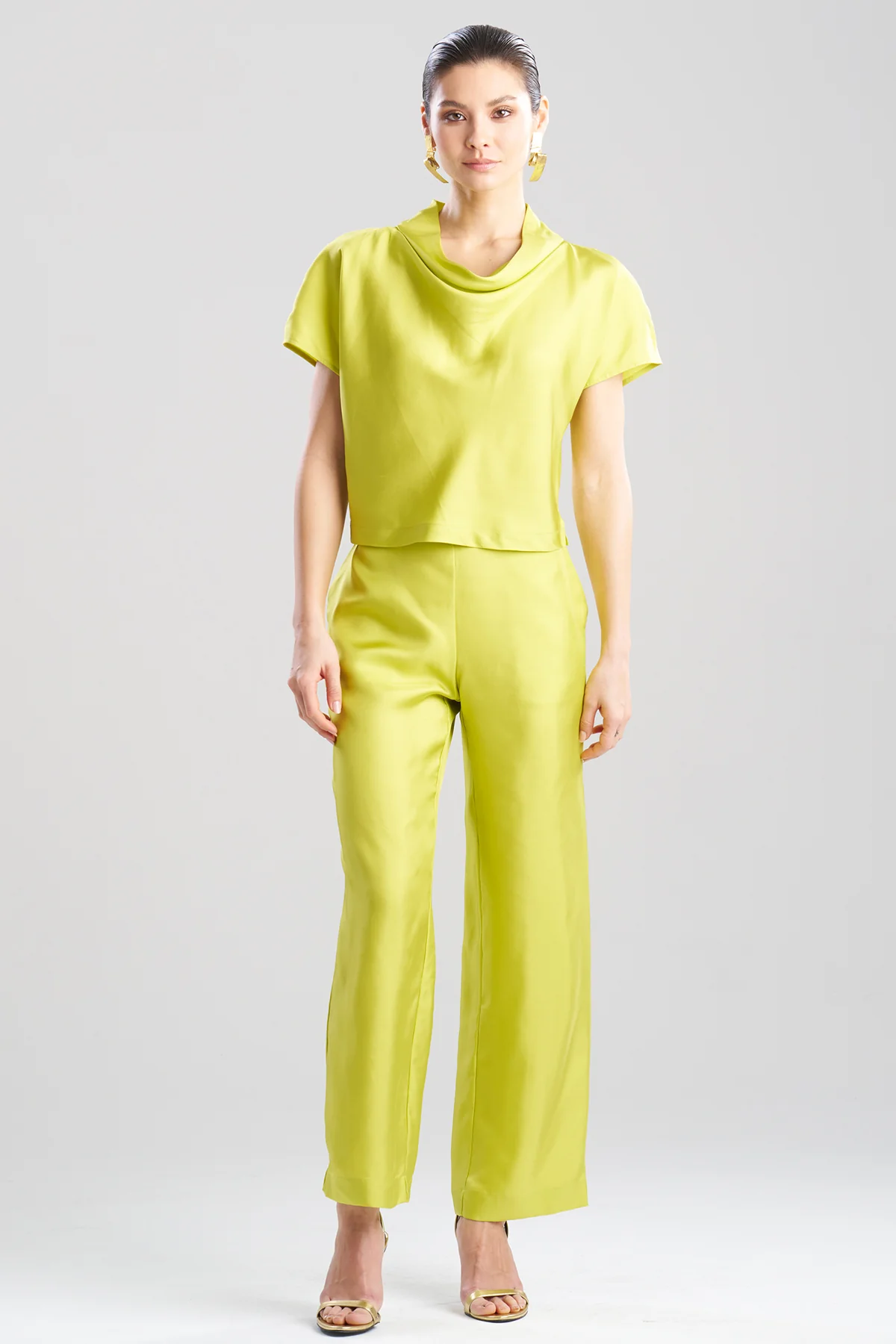 Solid Silk Twill Cowl Neck Top