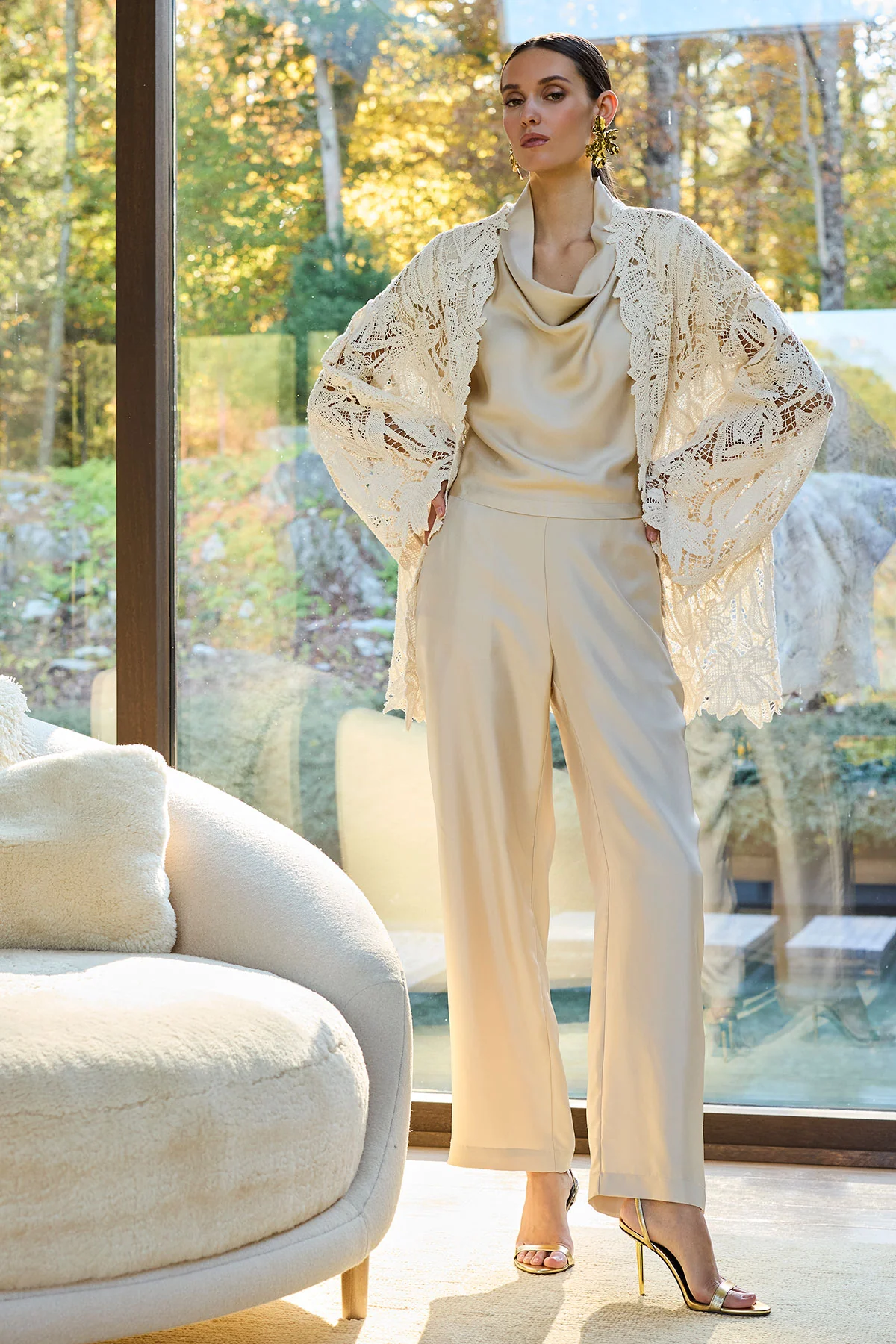 Solid Silk Twill Pull On Straight Leg Pants