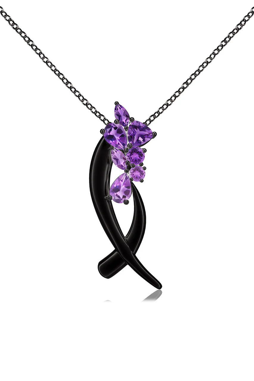 Sumi Stroke Midnight Silver Cascading Amethyst Ombre Slider Pendant Necklace - Image 3