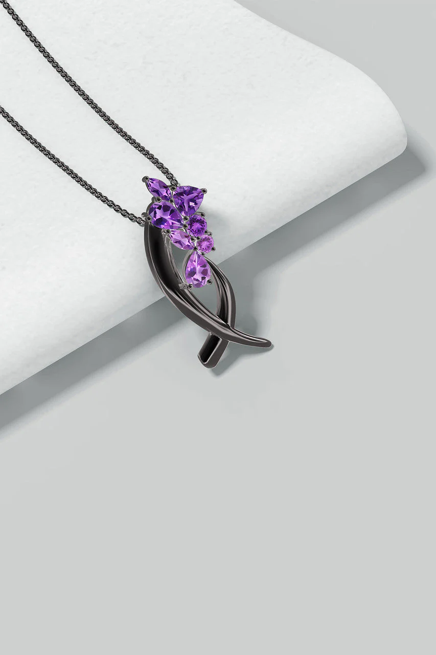 Sumi Stroke Midnight Silver Cascading Amethyst Ombre Slider Pendant Necklace - Image 5