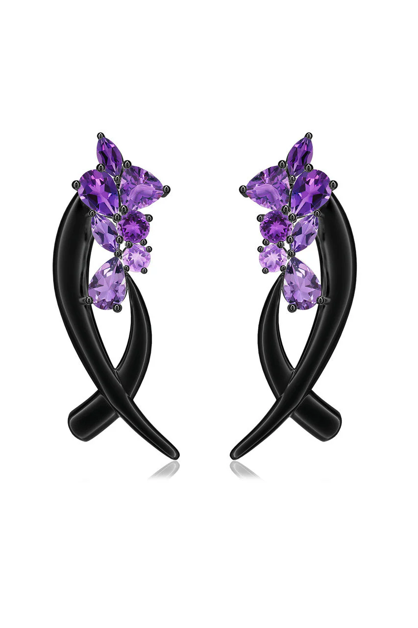 Sumi Stroke Midnight Silver Cascading Amethyst Ombre Stud Earrings - Image 5