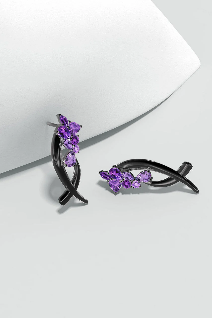 Sumi Stroke Midnight Silver Cascading Amethyst Ombre Stud Earrings - Image 6