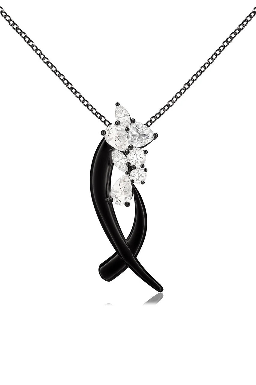 Sumi Stroke Midnight Silver Cascading White Topaz Slider Pendant Necklace - Image 4