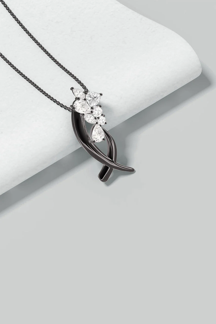 Sumi Stroke Midnight Silver Cascading White Topaz Slider Pendant Necklace - Image 5