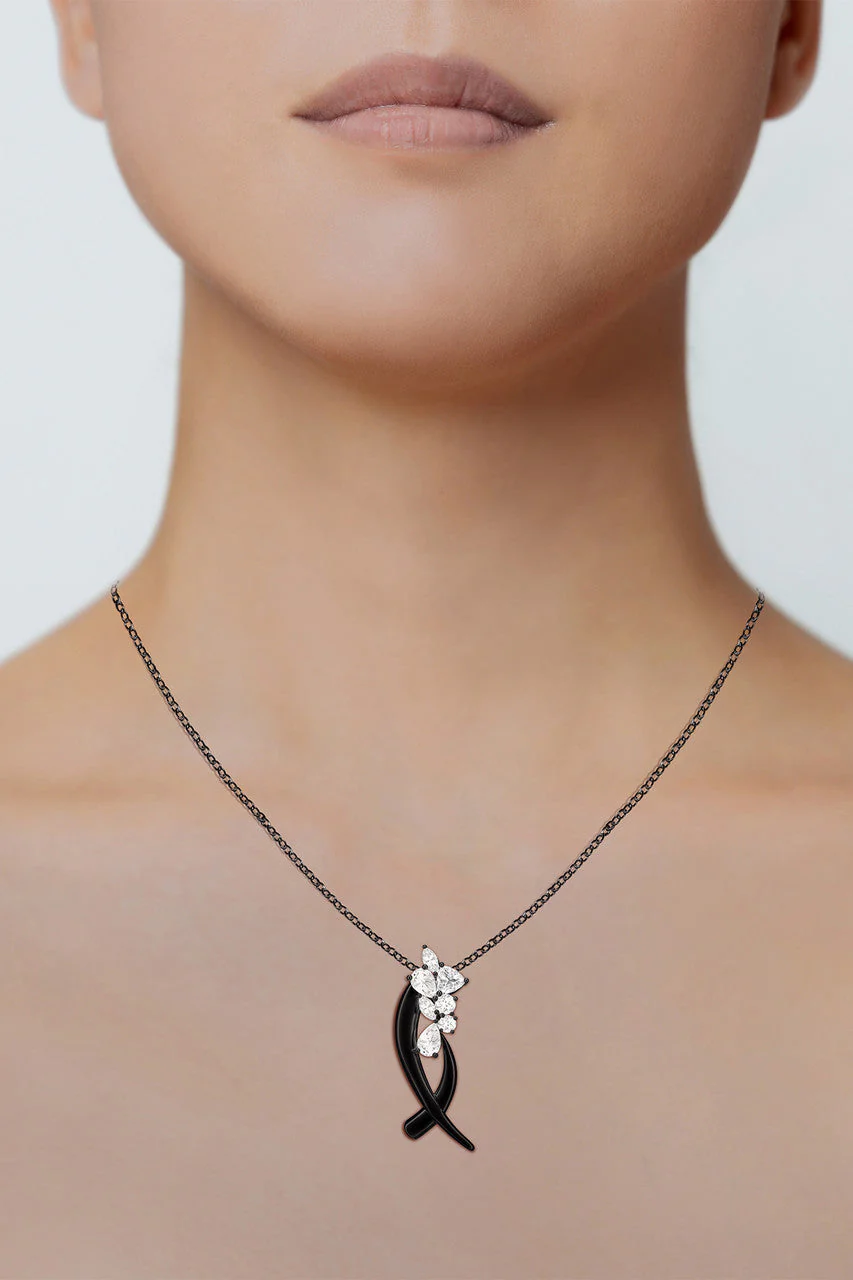 Sumi Stroke Midnight Silver Cascading White Topaz Slider Pendant Necklace - Image 7