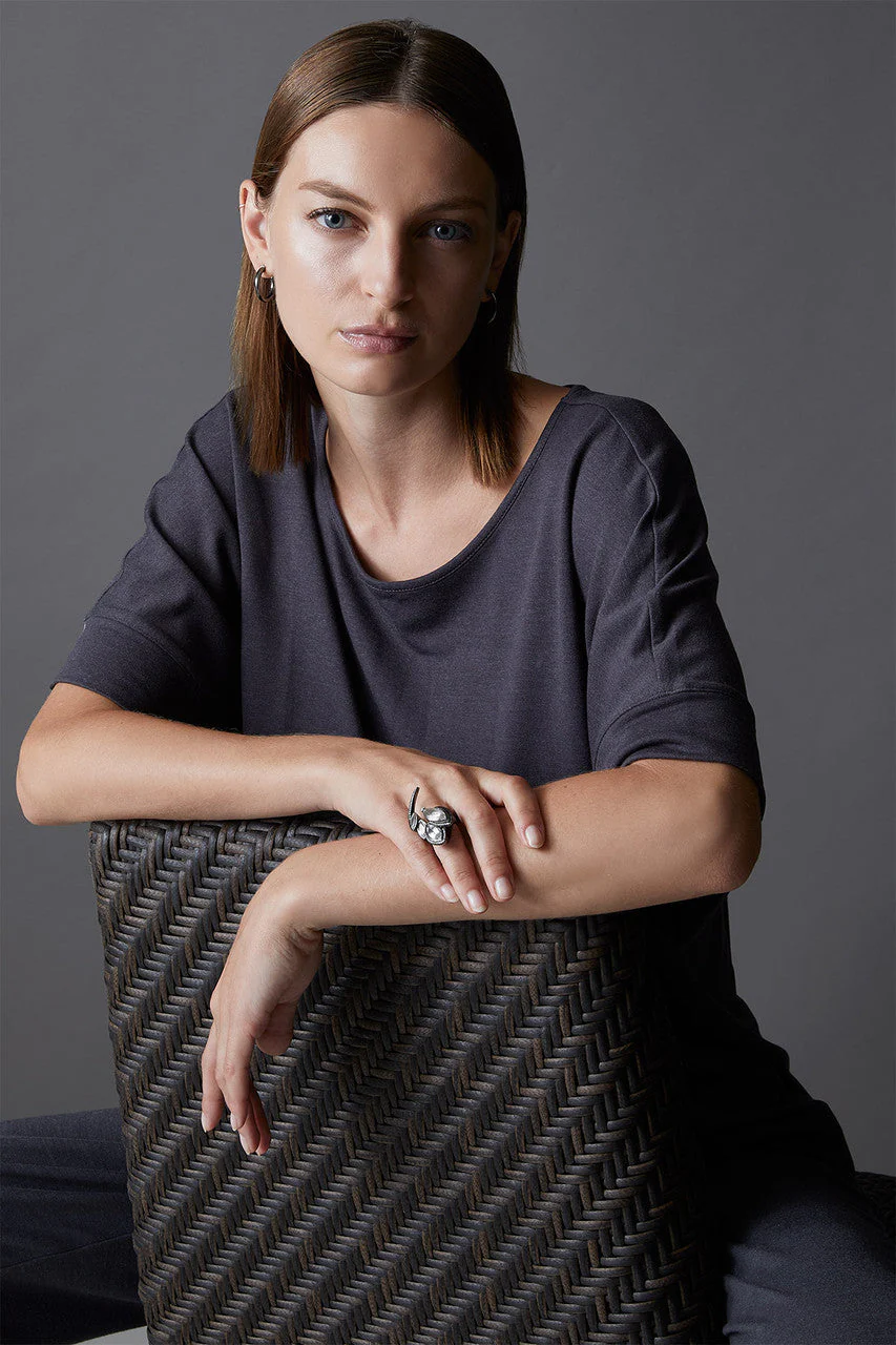 Sumi Stroke Midnight Silver Marquise Amethyst White Topaz & Pave Diamond Statement Ring - Image 11