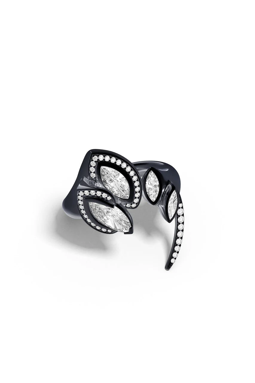 Sumi Stroke Midnight Silver Marquise Amethyst White Topaz & Pave Diamond Statement Ring - Image 2