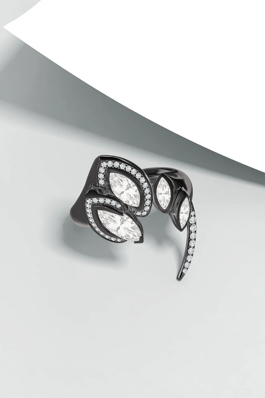 Sumi Stroke Midnight Silver Marquise Amethyst White Topaz & Pave Diamond Statement Ring - Image 4