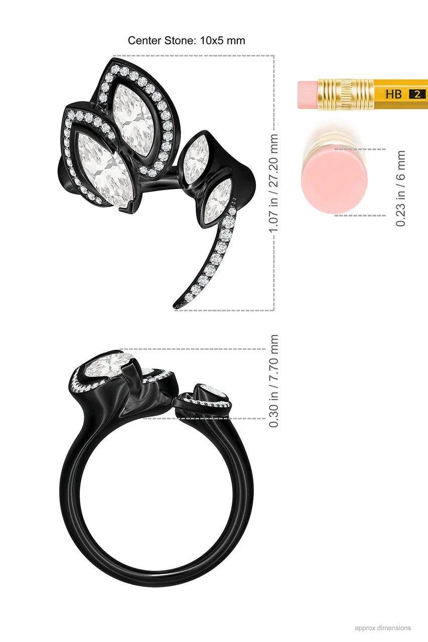 Sumi Stroke Midnight Silver Marquise Amethyst White Topaz & Pave Diamond Statement Ring - Image 5