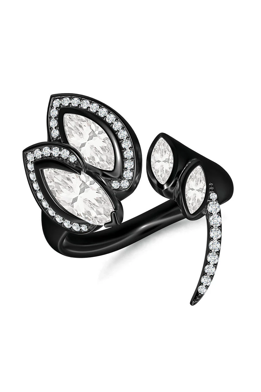 Sumi Stroke Midnight Silver Marquise Amethyst White Topaz & Pave Diamond Statement Ring - Image 8