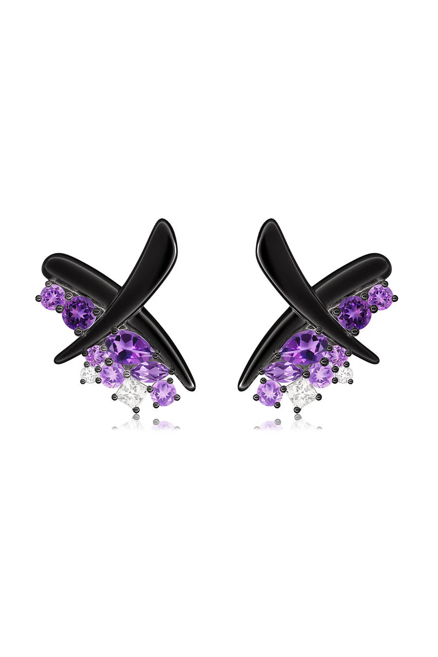 Sumi Stroke Midnight Silver Waterfall Amethyst Ombre Stud Earrings - Image 3