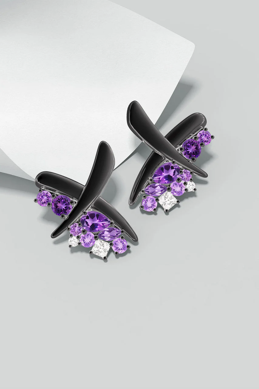 Sumi Stroke Midnight Silver Waterfall Amethyst Ombre Stud Earrings - Image 7