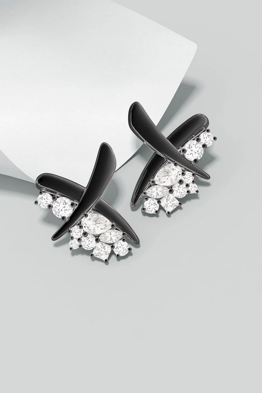Sumi Stroke Midnight Silver Waterfall White Topaz Stud Earrings - Image 3
