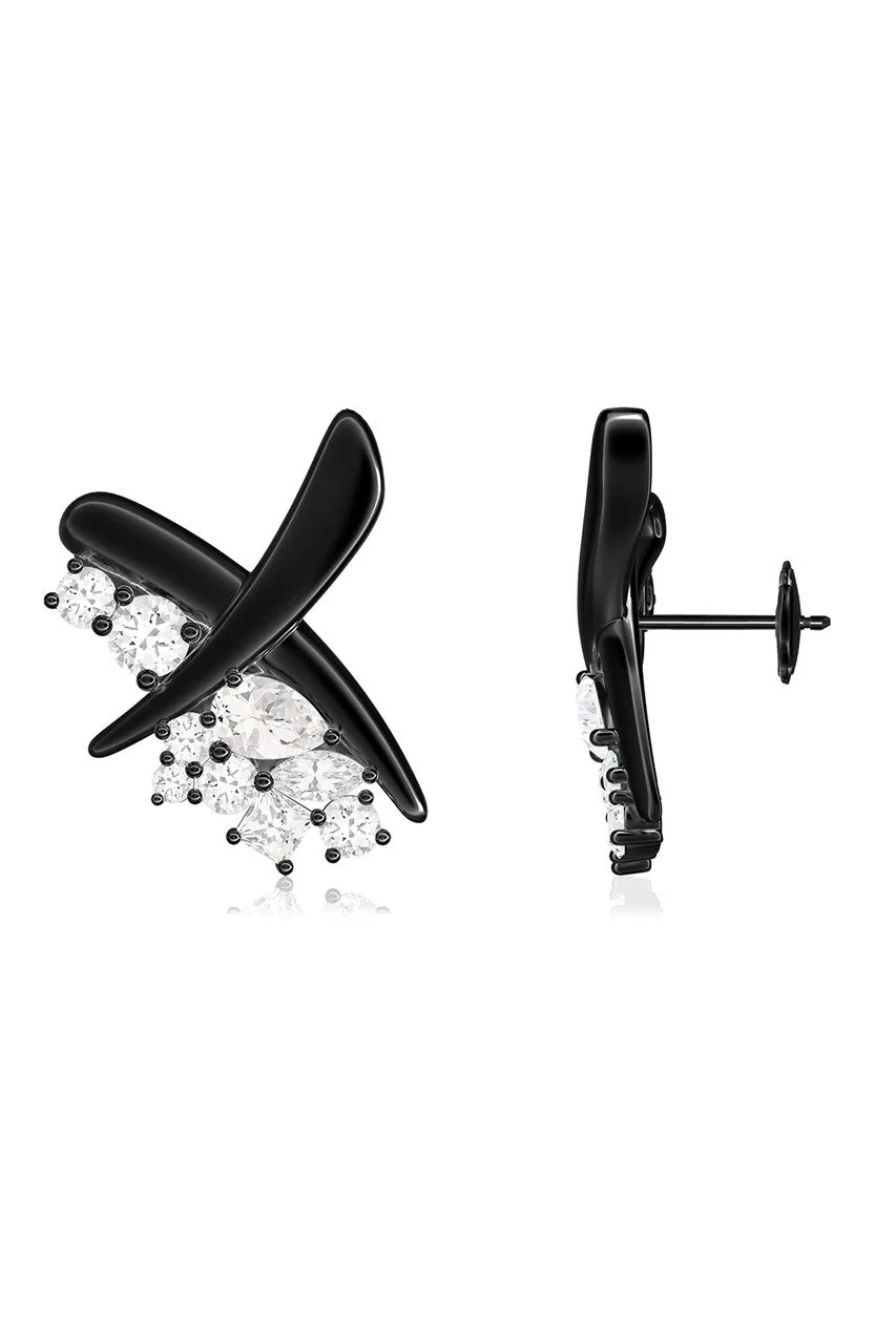 Sumi Stroke Midnight Silver Waterfall White Topaz Stud Earrings - Image 4