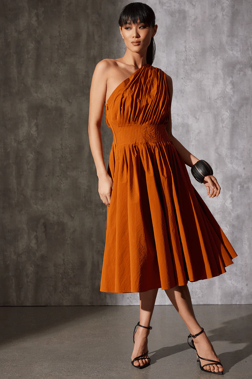 Taffeta One Shoulder Pleated Dress - Image 3